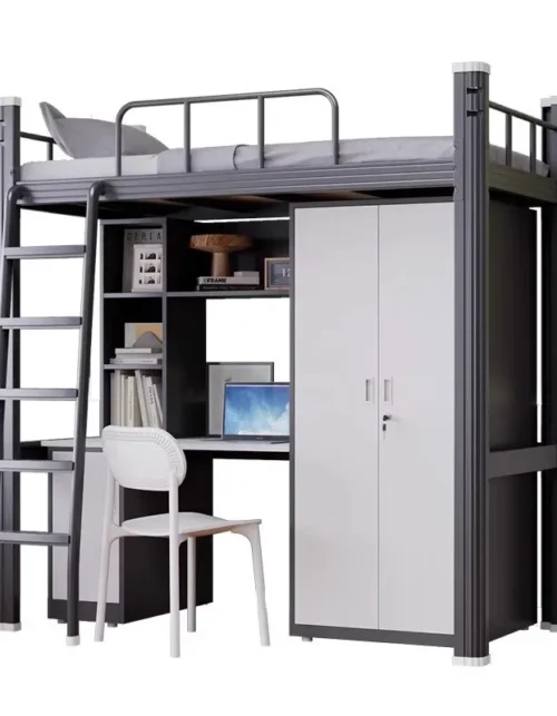 &* Modern Metal Double Bunk Bed With Desk For Apartments And College Dormitories Small Spaces Modern And Simple Design