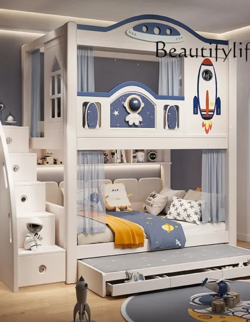 Treehouse Rocket Male Female Bunk Bed Upper  Lower High Guardrail Treehouse High and Low Mother Bed with Stairs Storage