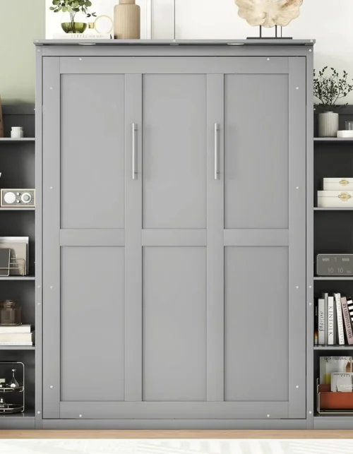 Full Size Murphy Bed Wooden Wall Bed with Shelves LED Lights Gray, Customized