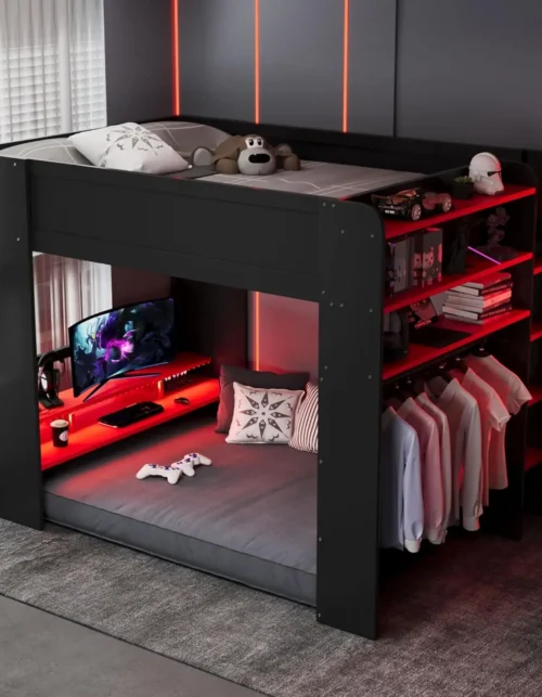 Height-Adjustable Desk Wardrobe Storage RGB Loft Bunk Bed Full Size, Custom