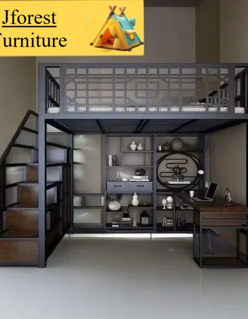 Space-Saving High Sleeper Metal Loft Bed Chinese Style Single Bed with Desk for Small Rooms Sturdy Metal Frame Dorm Furniture