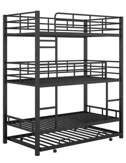 Small Apartments Space-Saving Metal Triple Bunk Bed with Trundle 3 Bunk Bed with Trundle for Kids Adults