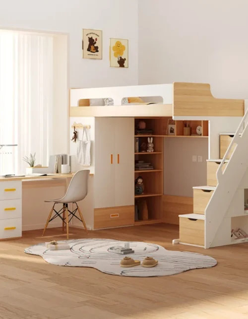 Loft Bed with Desk and Wardrobe Multifunctional Upper Bed Lower Desk Combo Space-Saving Kids Bed for Small Bedroom