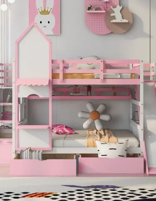 Full-Over-Full Castle Style Bunk Bed with 2 Drawers 3 Shelves and Slide - Pink
