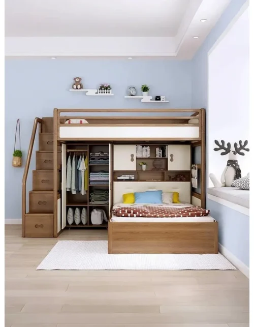 Space-Saving Solid Wood Staggered Bunk Bed, Twin Loft Bed with Desk & Wardrobe Multi-functional Study Bed for Adults