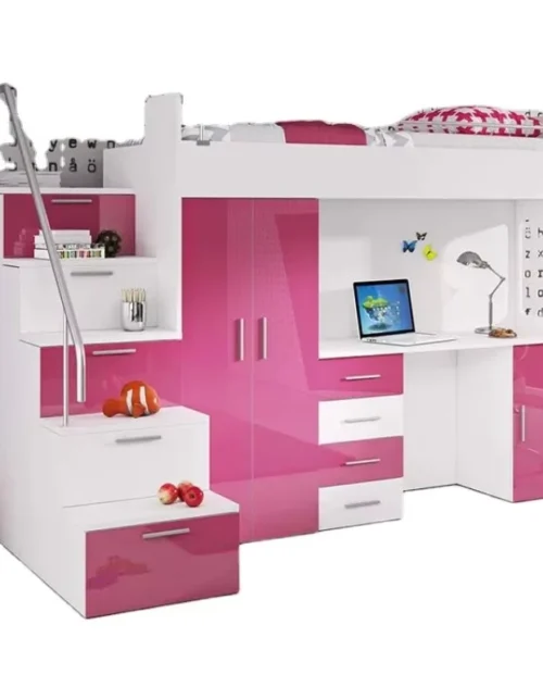 Hot Sales pink Children's Bedroom Bunk Bed Kids Wood Loft Furniture Set With Study Table and Desk