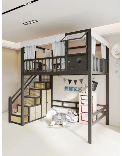 Multifunctional space-saving elevated bed sheet upper floor apartment duplex loft bed wrought iron high and low bed small apartm