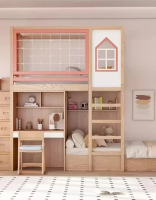 All Solid Wood High Guardrail Staggered Upper and Lower Bunk Beds  High/Low Tree Beds  Wide Beds with Desk and Wardrobe