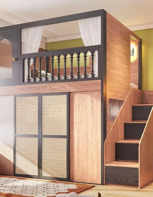 Solid Wood Kids Loft Bed Built in Wardrobe High Guardrail Tree Bed with Desk Space Saving for Apartment Villa Bedroom