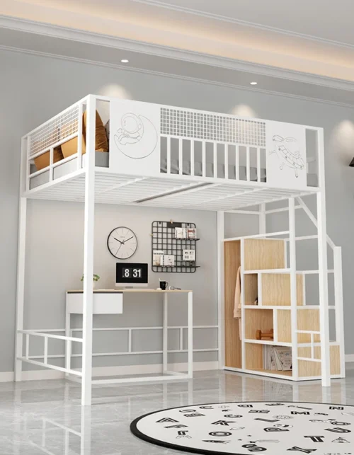 ！@Modern Creative Iron Loft Bed Multifunctional Space-Saving Double/Queen Size Frame with Bed Table for Hotels Small Apartments