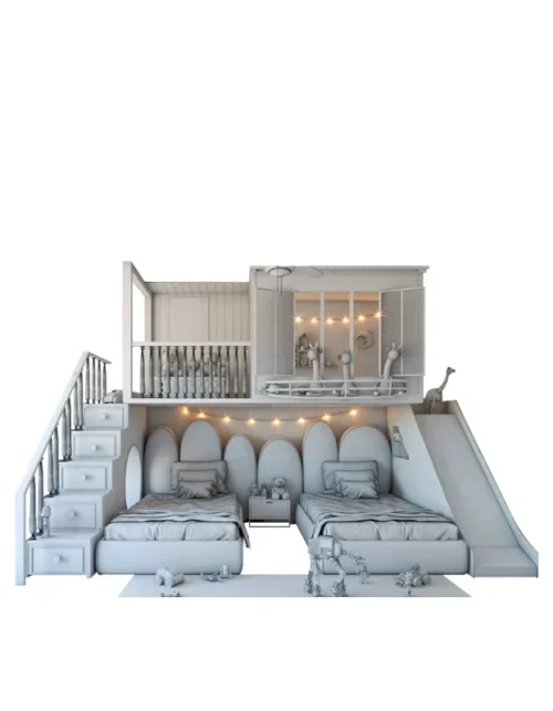 Custom-made multi-child tree house bed game house with slide and luxury bunk beds.