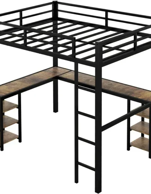 # Bellewave Full Size Loft Bed With L Shaped Desk, Metal Frame Loft Bed Full With Storage Shelves, Heavy Duty Metal Loft Bed Fo