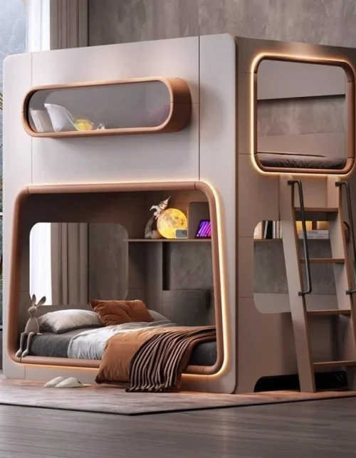 Customizable guardrail space capsule bed small apartment with wide bunk bed siblings high and low upper and lower beds