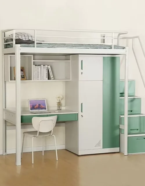 2025 Modern Design University School Furniture Factory Direct Sales Metal Wood Loft Bed Set Dormitory Apartment Bedroom