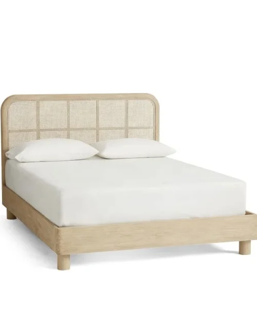 Bedroom White Bone Veneer Rattan Headboard Solid Wood Frame Platform King Bed Loft Bed