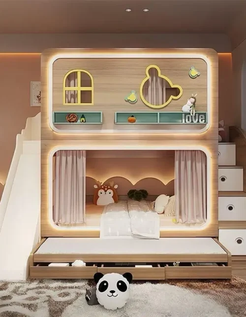 !@New Design Children Bunk Bed Multifunctional Bunk Bed Set Bedroom Furniture Cream Color Mother and Baby Bed with Slide