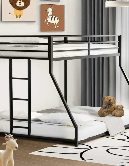 A Bunk Bed, Dormitory Bed ,Twin Over Full Bunk Bed - Metal Bunkbeds Full Bottom Low Profile Removable Side Ladder Black
