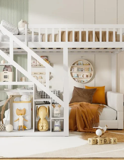 Sturdy Kids Bunk Bed Right Corner Loft Frame with Fall Protection & Slatted Base Single Children's Bed for Small Room