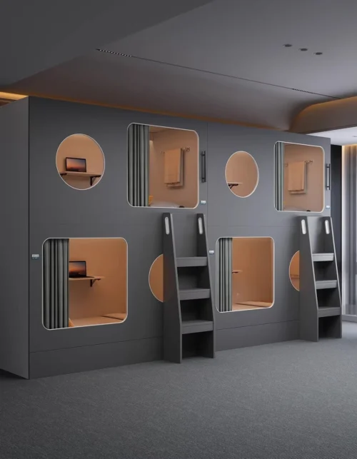 Cama tipo cápsula espacial para hostales juveniles, camas altas y bajas para adultos y niños, camas de madera maciza para videojuegos, camas tipo literas para dormitorios de personal.