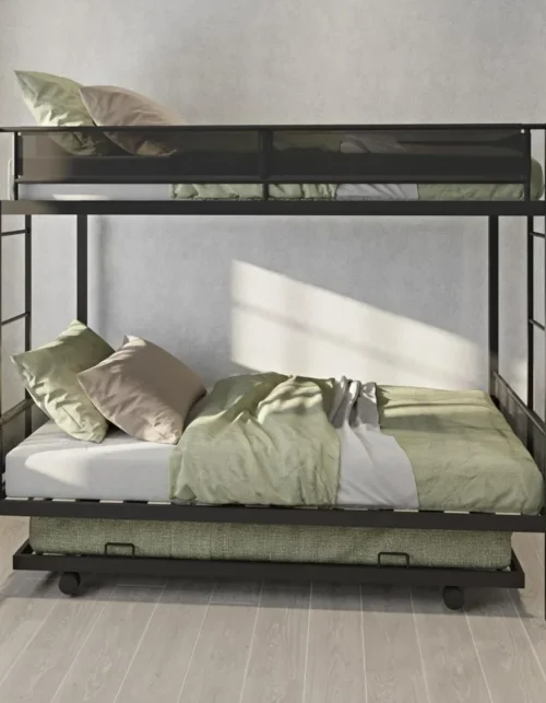 For Twin Metal Bunk Bed with Trundle, Twin Size Triple Bunk Beds Frame with 2 Side Ladders 3 Kids/Adults, Noise-Free Wood