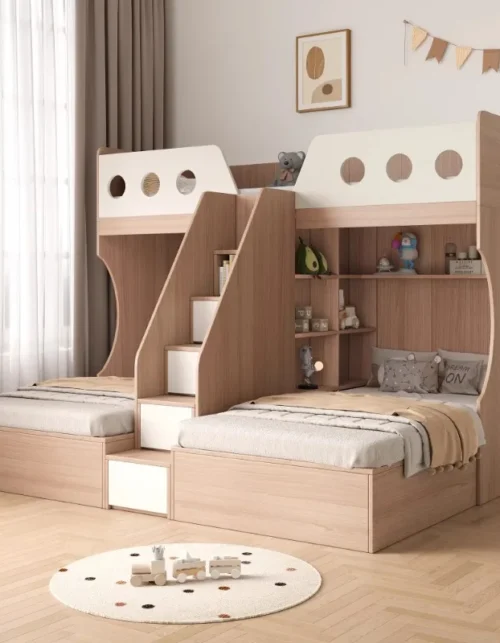 Modern Durable Eco-Friendly Triple Bunk Bed with Wood Construction and Linen Upholstery for 3 Kids and Children's Bedroom