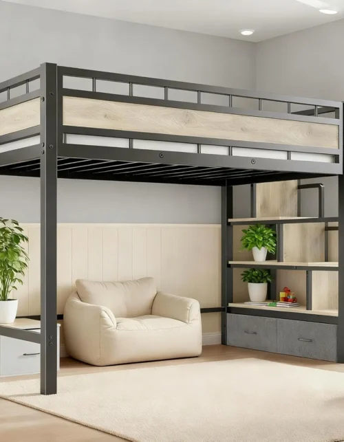 Twin Loft Bed Metal Frame with Storage Stairs Drawers Space Saving No Box Spring Easy Assembly, Customized