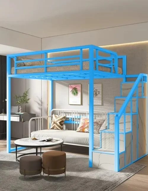 Cama Alta de Acero Resistente con Escaleras de Madera, Diseño para Cama Individual, Individual o Doble, Apta para Adultos