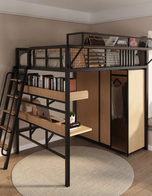 ！@Modern Two-Story Hanging Duplex Loft Bed Single Upper Bed with Empty Lower Bed Cabinet Iron Metal Frame for Small Apartments