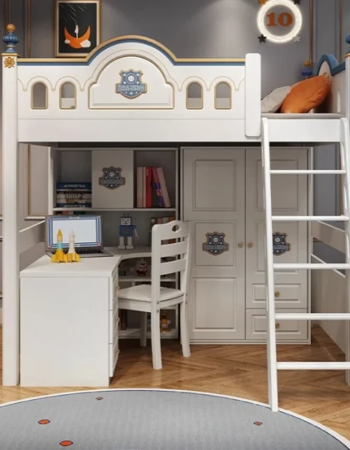 ！@Kids Princess Room Wood Castle Double Bunk Bed Designs with Stairs and Slide Children Bedroom Loft Bed Furniture for Girls