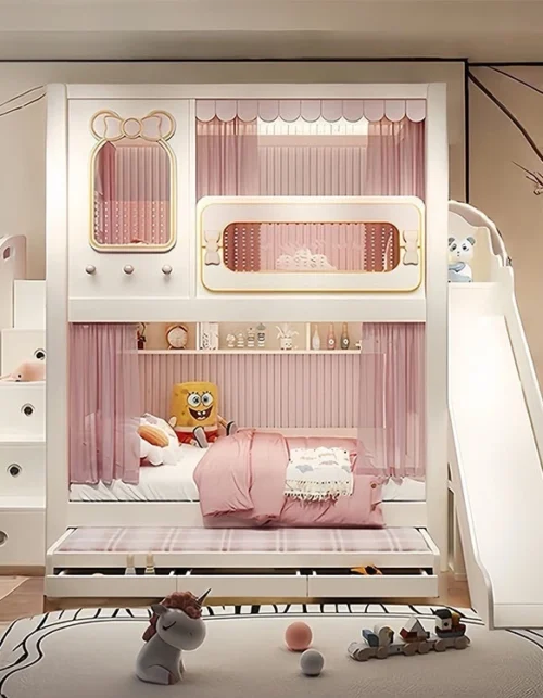 Light luxury high-end children's bunk bed, modern simple solid wood double bed, second floor bunk bunk bed, high and low bed