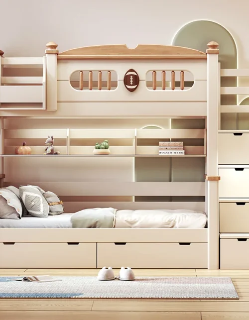 Rustic - Style Light - Hued Solid Wood Bunk Bed with Drawers and Decorative Rugby Motif