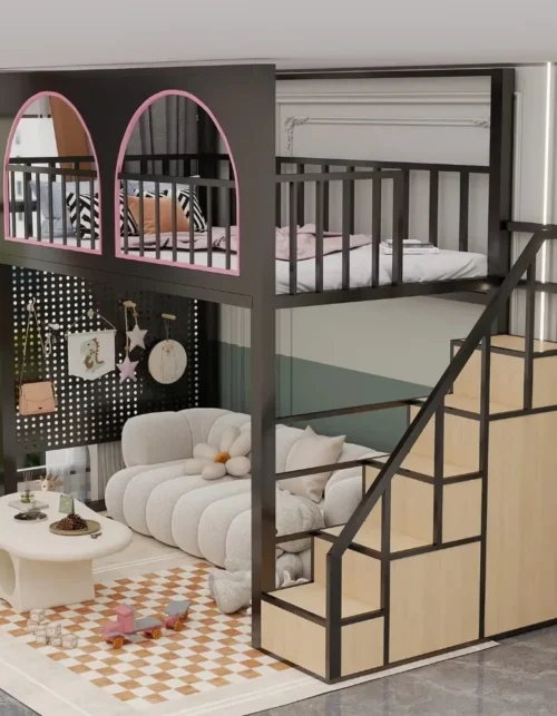 Treehouse Castle Loft Bed with Partition Single High Bed Combo with Wardrobe Staggered Bunk Bed for Small Spaces