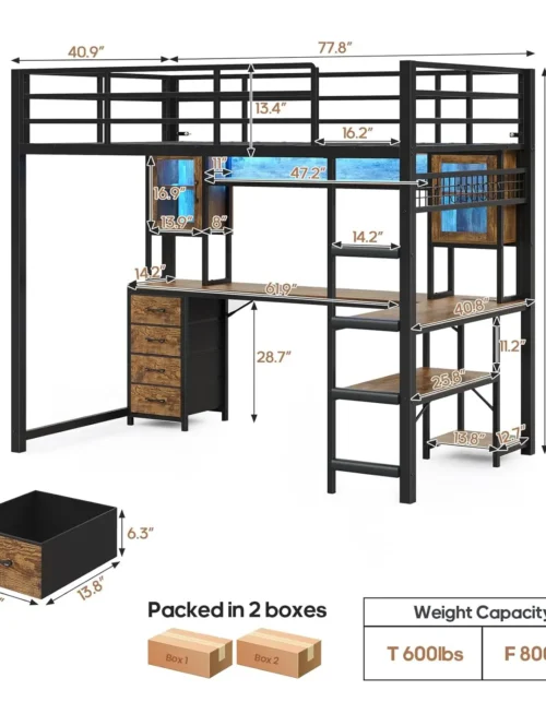 Loft Bed Twin Size with Gaming Desk & Hutch, Storage Drawers, Safety Power Outlet, Metal Loft Bed Frame with RGB Lights, Space S