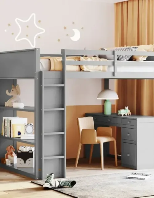 -Full Size Loft Bed With Ladder, Shelves, And Desk, Suitable For Children's Room With Storage Space Gray