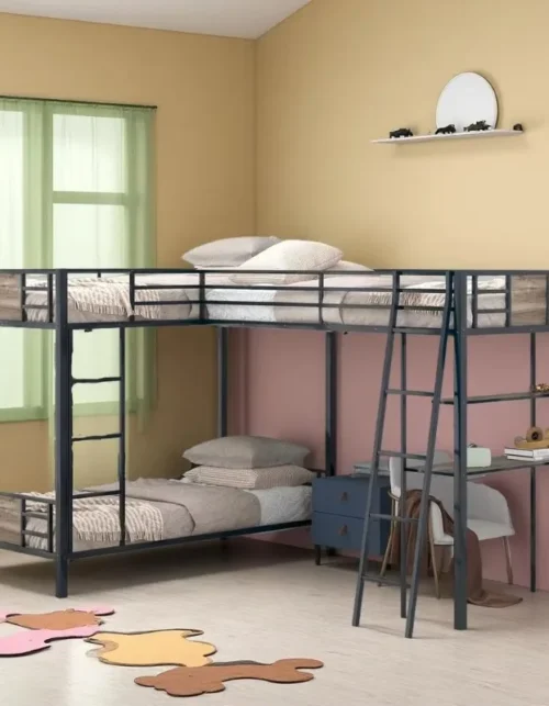 【Hot Item】L-Shaped Triple Bunk Bed With Desk And Shelves, Metal Frame, 3 Kids Twin Beds, Black