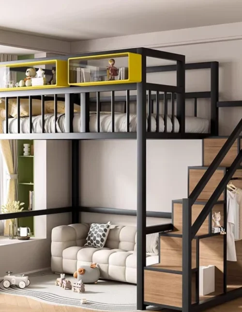 Children's elevated bed, small apartment loft with shelf, second floor bed, lower table combination, lower empty wrought iron