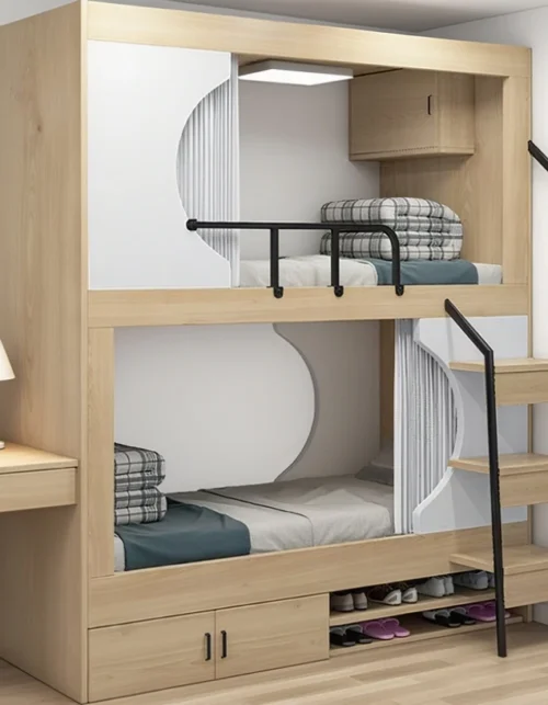 Modern Double Bunk Beds for Adults Metal and Wood Loft Bed with Stairs for Hotel Apartment Dormitory or School Bedroom