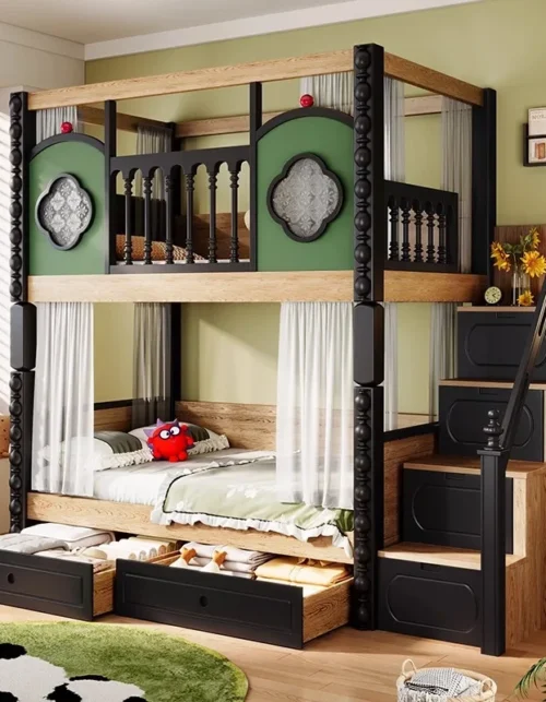 Medieval style all solid wood high and low bed bunk bed adult children bunk  girl double two layer walnut