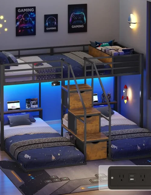Triple Bunk Bed with Storage Staircase Lights Charging Station Over Twin Heavy Duty Metal Frame Customized Bedroom Furniture