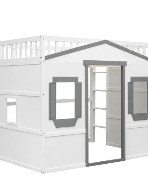 Full Size House Loft Bed With Ladder-White+Gray Frame Easy to assemble, for indoor bedroom furniture