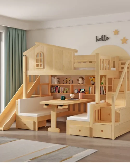 Bunk Bed with Desk Multifunctional Loft Bed with Study Table Space Saving Twin Over Twin Bed Frame Kids Bedroom Furniture Combo