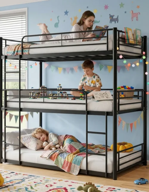 #Modern Triple Bunk Bed Double Size Metal Frame Modular Kids Space-Saving Bedroom Furniture Living Room School Apartment Factory