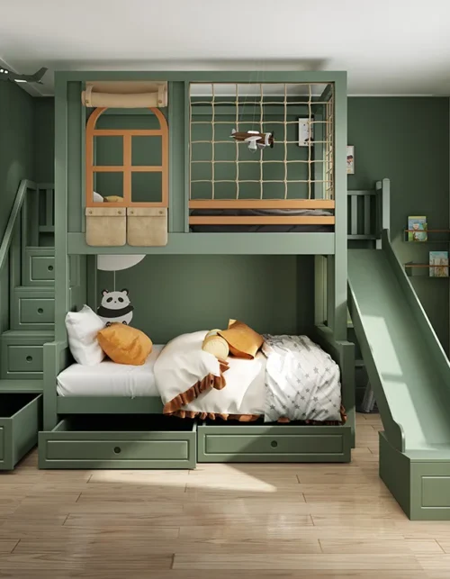 Modern Design Multi-functional Children Use Twin Size Kids Wooden Bunk Beds With Stairs and Bookcase