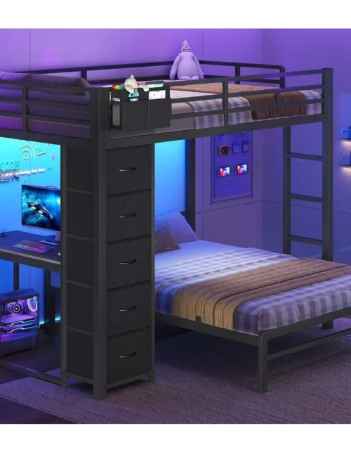 Full Over Full Bunk Bed with Desk 5 Storage Drawers Charging Station LED Light Custom  for Bedroom Home Indoor Furniture Decor