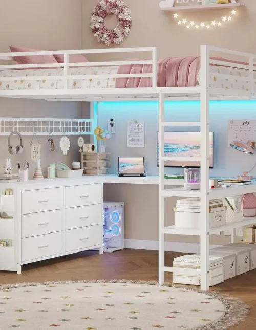 Space Saving Metal Loft Bed with Staircase L-Shaped Desk High Sleeper Sturdy Iron Frame Bunk Bed for Kids Teens Adult Bedroom