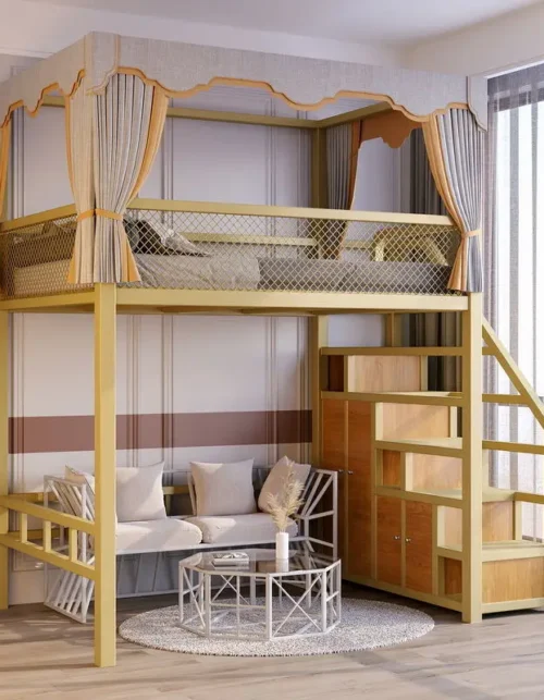 High and low iron frame bed Elevated Empty ladder cabinet Shelf Household duplex second floor Bed pavilion