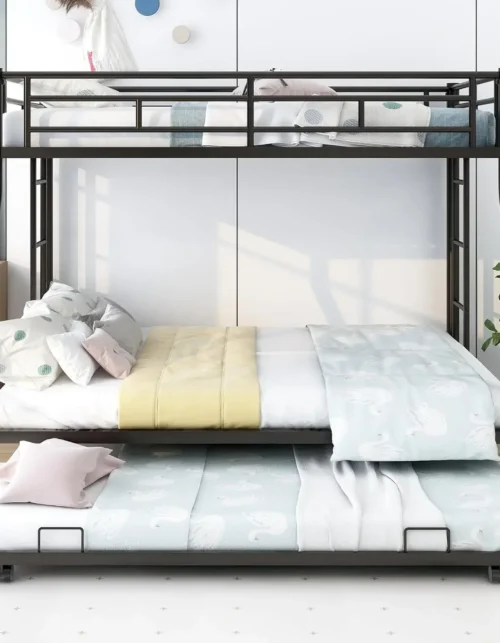 A Twin Over Twin/Full Triple Bunk Bed with Trundle:Triple Bunk Beds, Sturdy Steel Bunk Beds Frame for 3 Kids/Teens