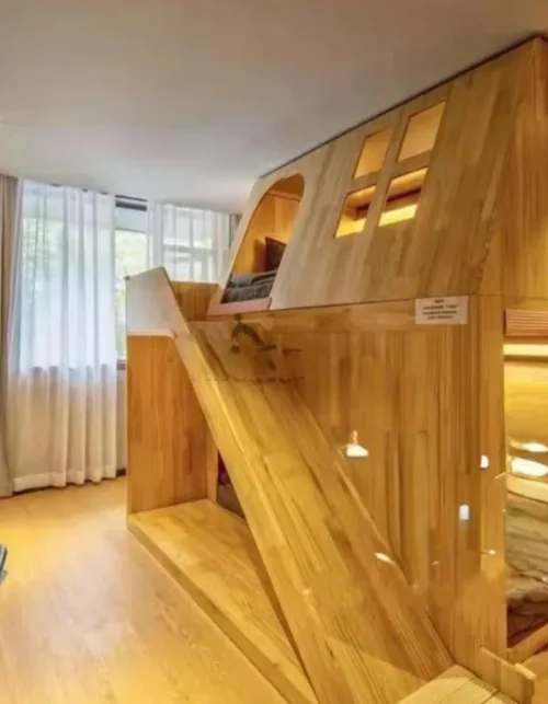 American Solid Wood Kids Tree House Bunk Bed Princess Castle Loft Bed with Slide & Ladder Secret Base Design for Bedroom