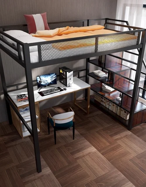 Loft bed, wrought iron bed, simple modern raised , space-saving upper , lower table, small apartment multifunctional child