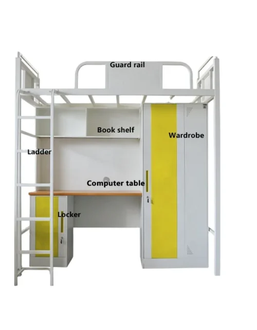 School Student Bedroom Dormitory Metal Steel Loft Double Bunk Bed With Study Table And Desk For Adults